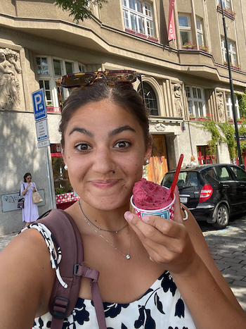 Kelly Levering ’24 poses with a snack in Prague