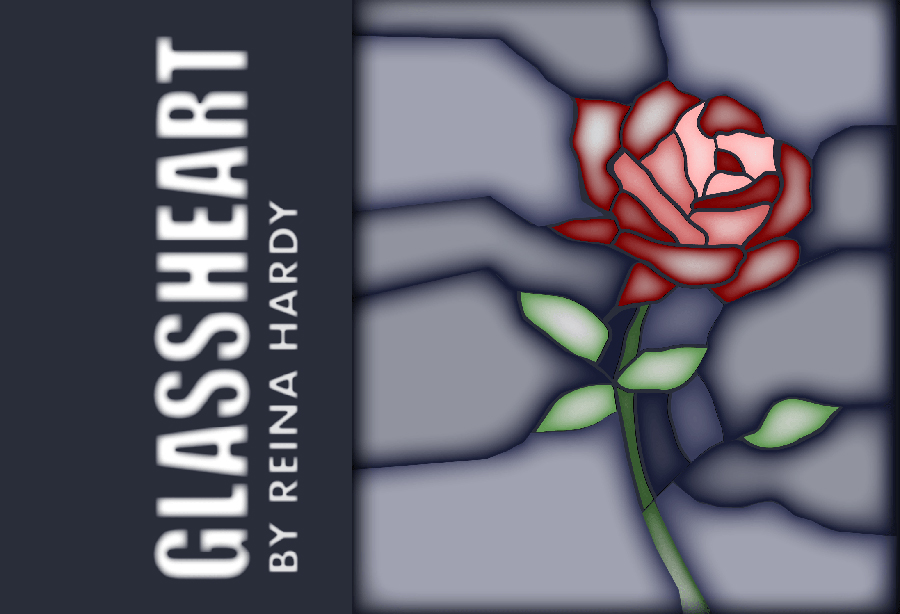 stylized art poster with rose on a broken glass background and text Glassheart