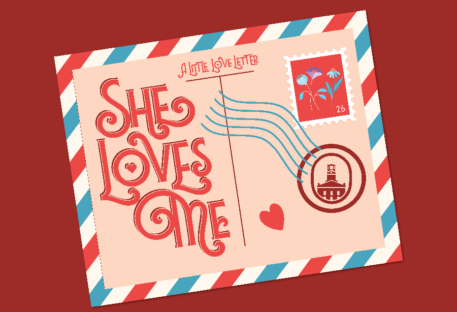 She Loves Me on a postcard graphic with a stylized tower logo postmark