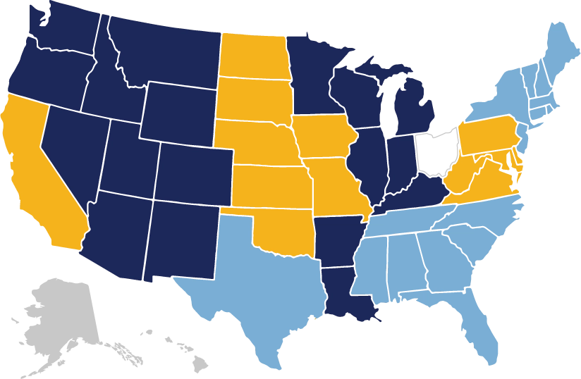 Map of USA with states colored to match names of Admission Employees