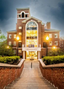 The entrance to Rickey Science Center at dusk