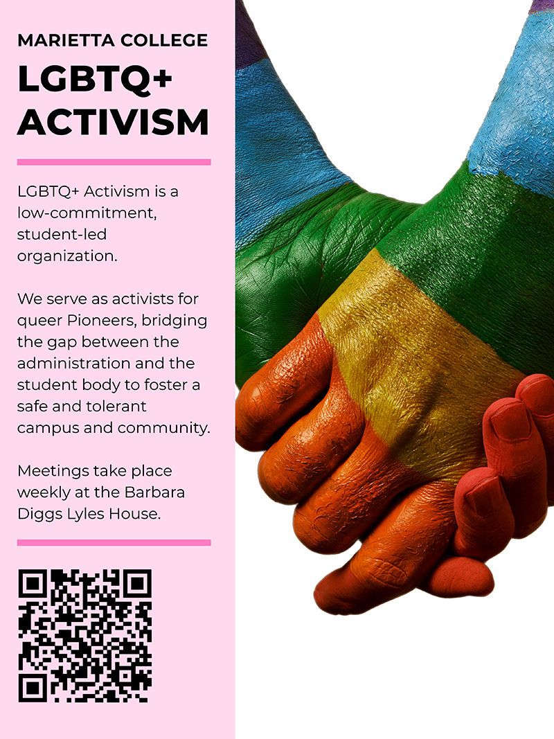 Poster promoting student participation in the LGBTQ+ Activism student organization