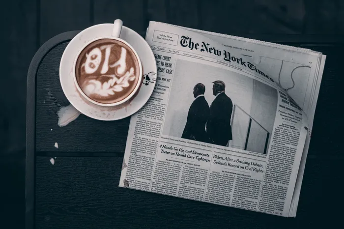 Newspaper and coffee on a table