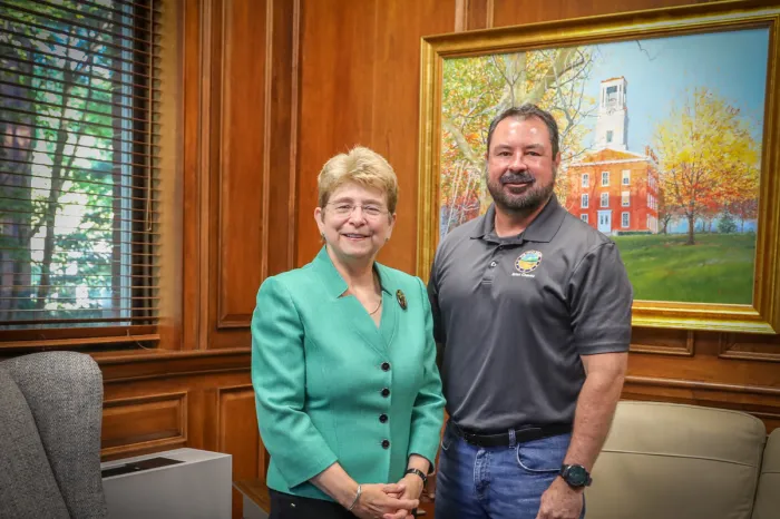 Marietta College President Dr. Margaret L. Drugovich and Ohio Senator Brian Chavez pose for a photo in her office.