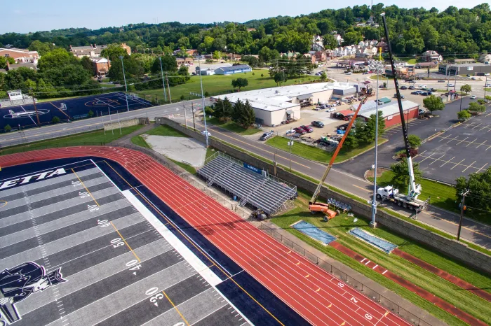 Photo of Don Drumm Stadium lighting being installed