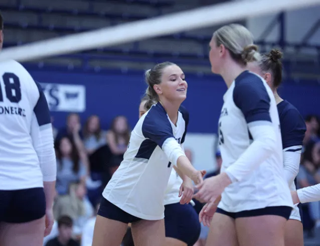 Volleyball players celebrating a point