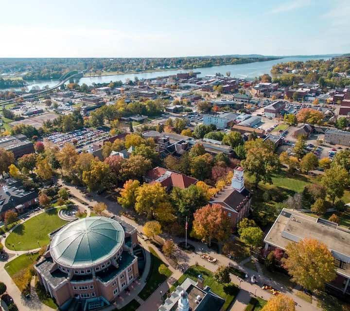 Campus of Marietta College and Downtown Marietta from a drone