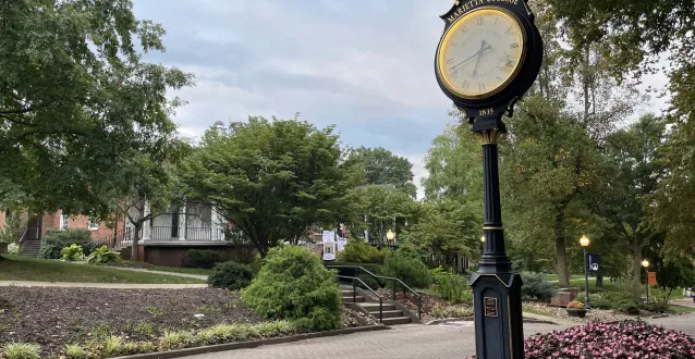 View of Phi Beta Kappa clock on Marietta College's campus