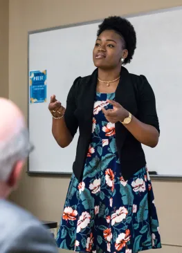 An Entrepreneurship major presents during PioPitch at Marietta College