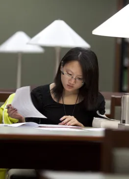 A Marietta College student majoring in history works on a project in the Legacy Library