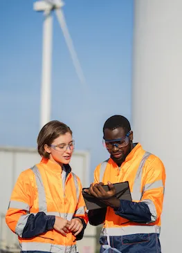 Team of engineers meeting about wind turbine project