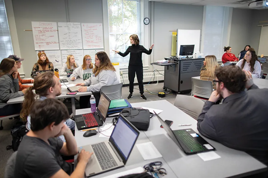 Marietta College Director of Clinical Practice & Data Management Sarah Jacobs speaks with Education Majors in a classroom